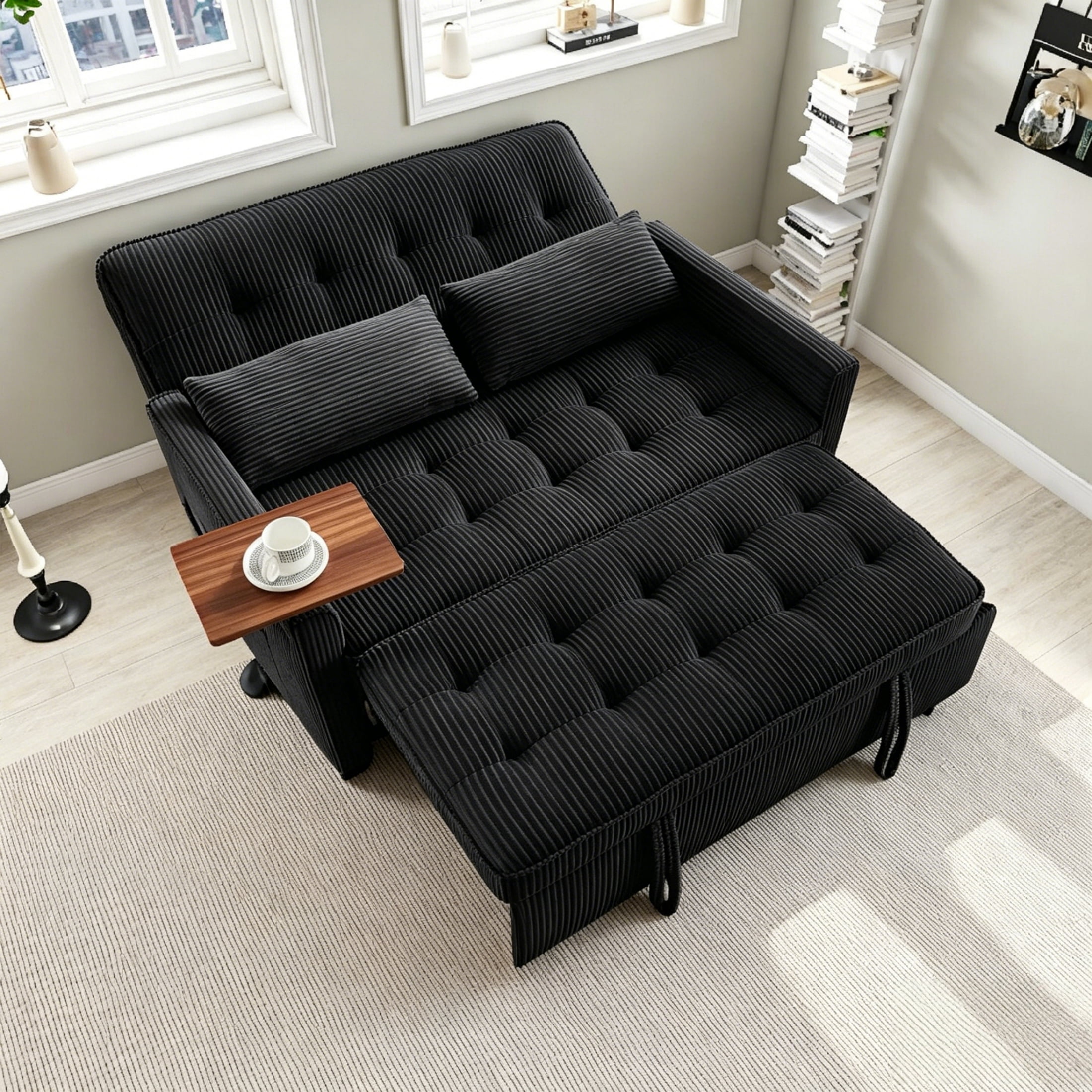 Vinform 3 in 1 Convertible Sleeper Sofa Bed, 55" Corduroy Pull Out Loveseat with Arm Table for Small Space, Black