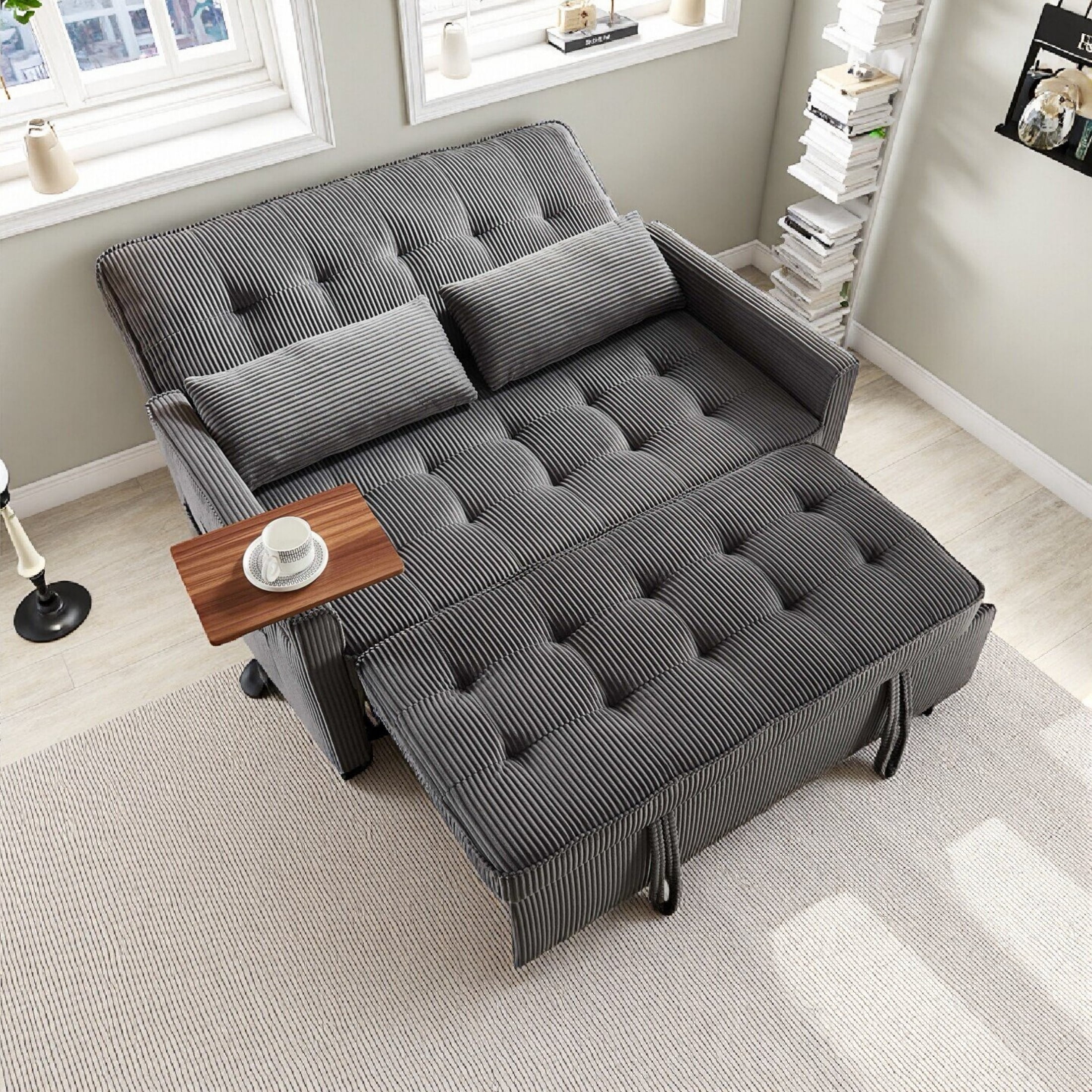 Vinform 3 in 1 Convertible Sleeper Sofa Bed, 55" Corduroy Pull Out Loveseat with Arm Table for Small Space, Dark Gray