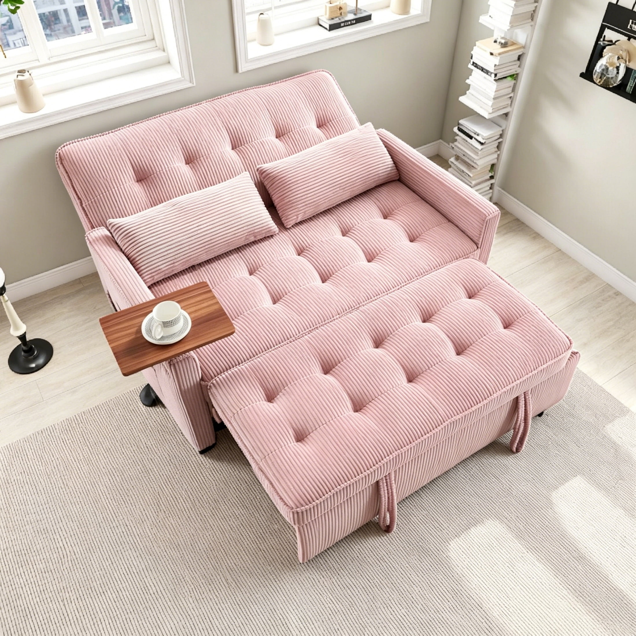 Vinform 3 in 1 Convertible Sleeper Sofa Bed, 55" Corduroy Pull Out Loveseat with Arm Table for Small Space, Pink