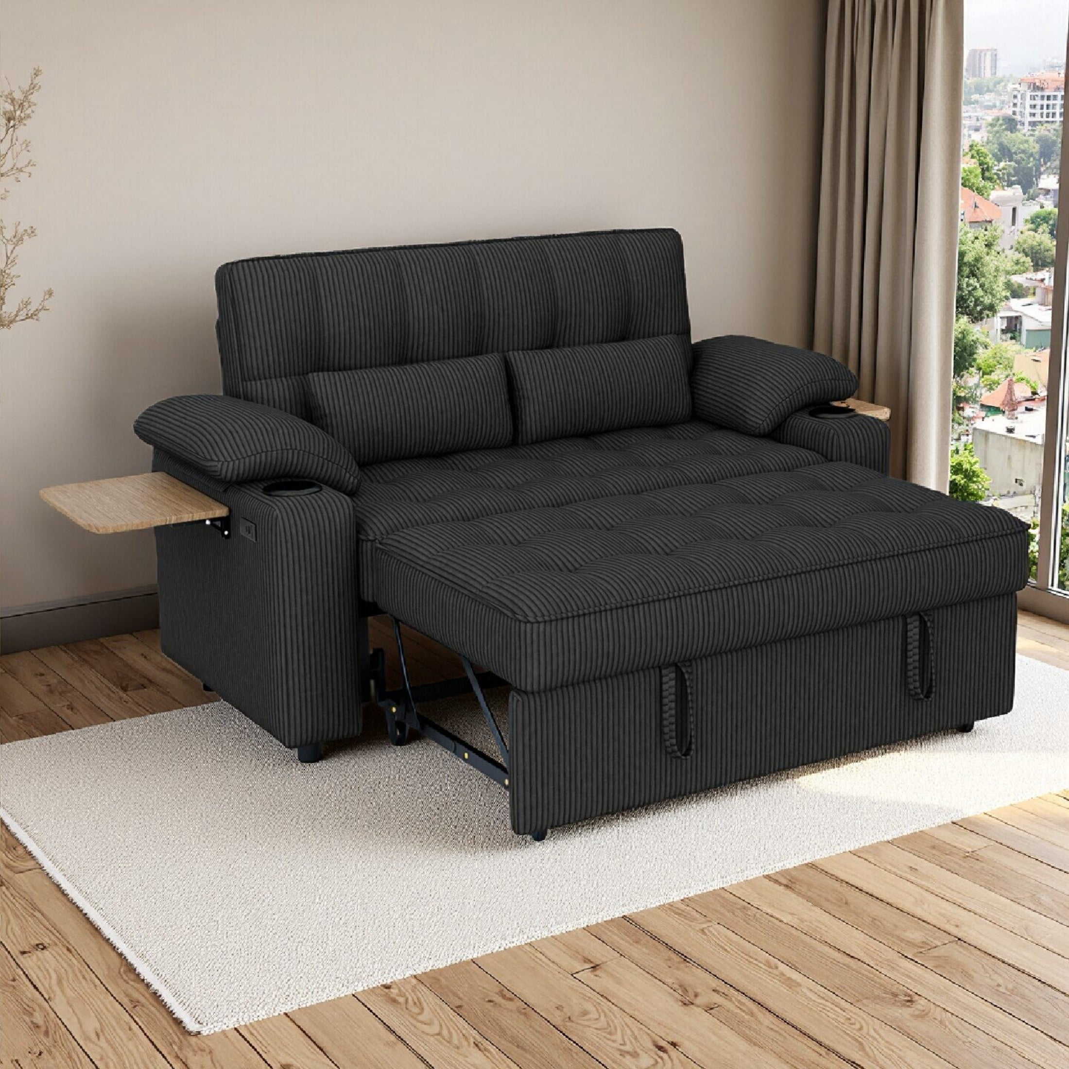 Vinform 3 in 1 Sleeper Sofa Bed, 58" Convertible Loveseat with Foldable Side Tray Table, USB Ports and Cup Holders for Apartments, Corduroy, Black