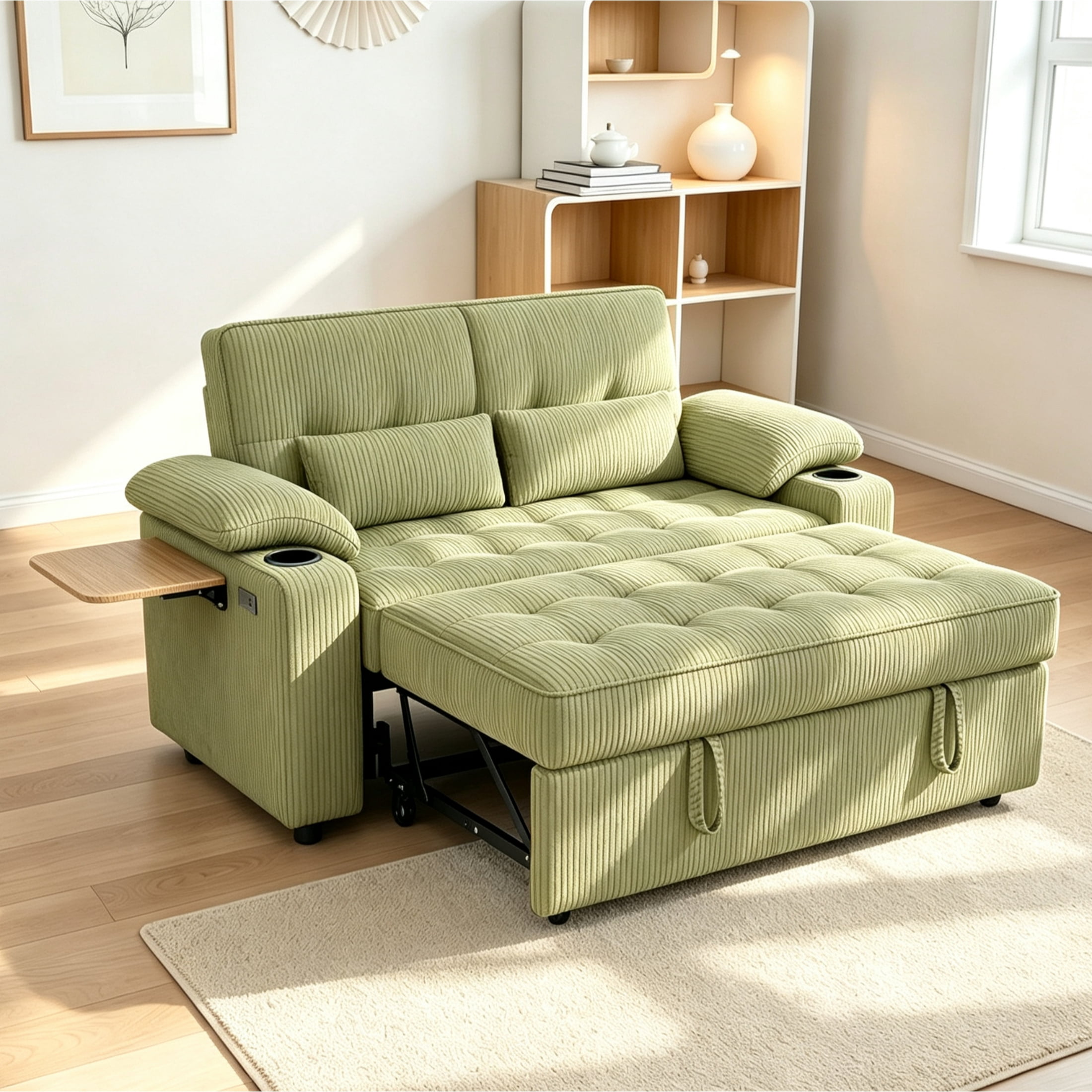 Vinform 3 in 1 Sleeper Sofa Bed, 58" Convertible Loveseat with Foldable Side Tray Table, USB Ports and Cup Holders for Apartments, Corduroy, Green