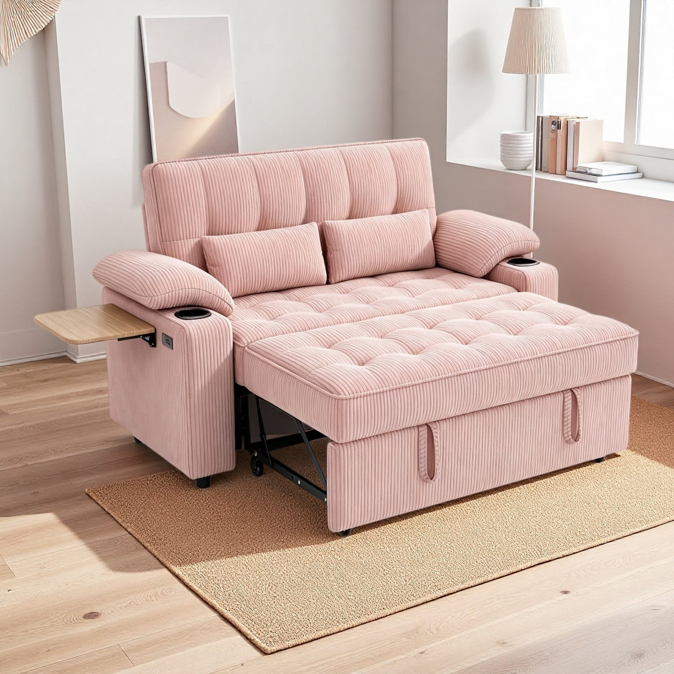 Vinform 3 in 1 Sleeper Sofa Bed, 58" Convertible Loveseat with Foldable Side Tray Table, USB Ports and Cup Holders for Apartments, Corduroy, Pink