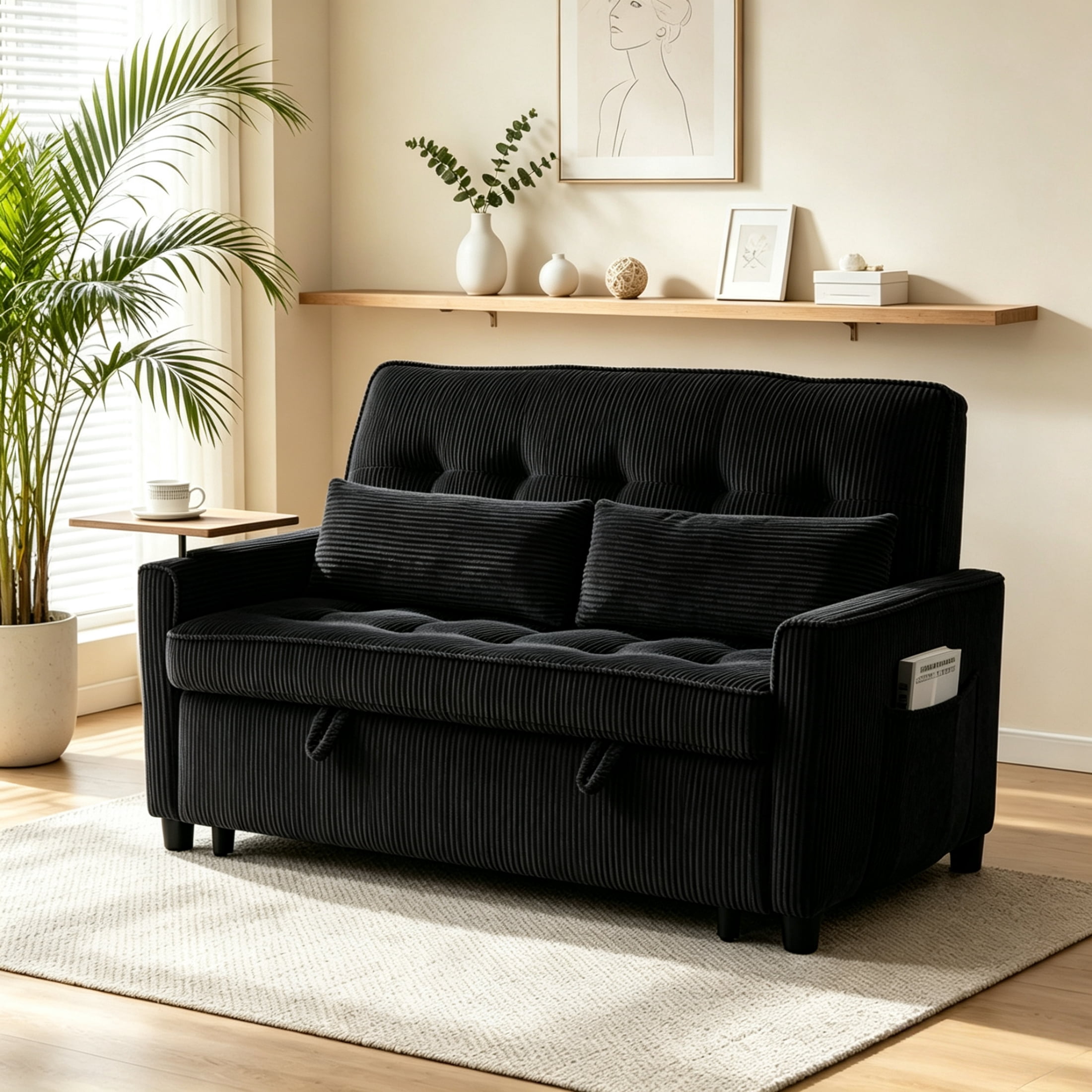 Vinform 54" Convertible Sleeper Sofa Bed, 3 in 1 Pull Out Loveseat with Arm Table and USB Port for Small Spaces, Corduroy, Black