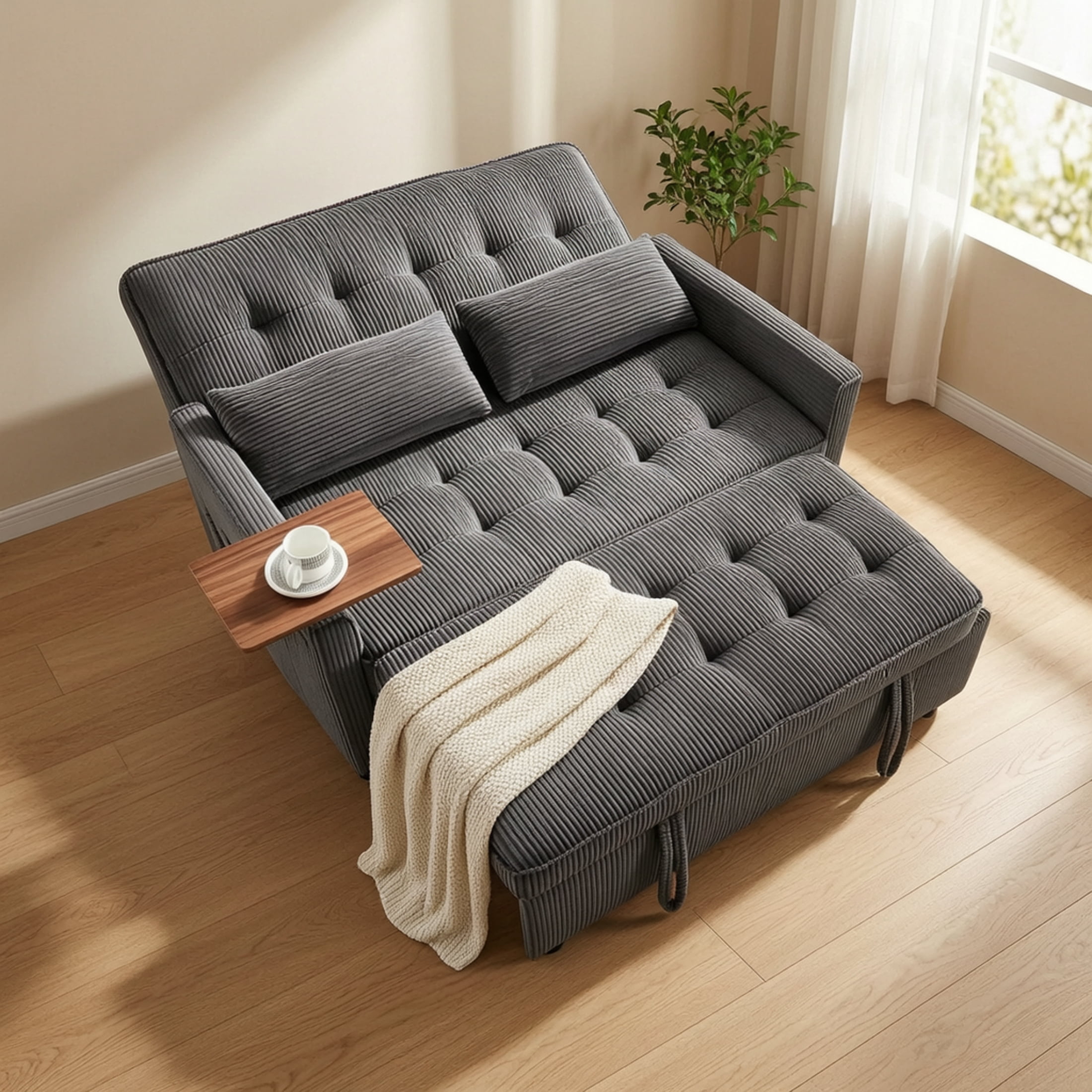 Vinform 54" Convertible Sleeper Sofa Bed, 3 in 1 Pull Out Loveseat with Arm Table and USB Port for Small Spaces, Corduroy, Dark Gray