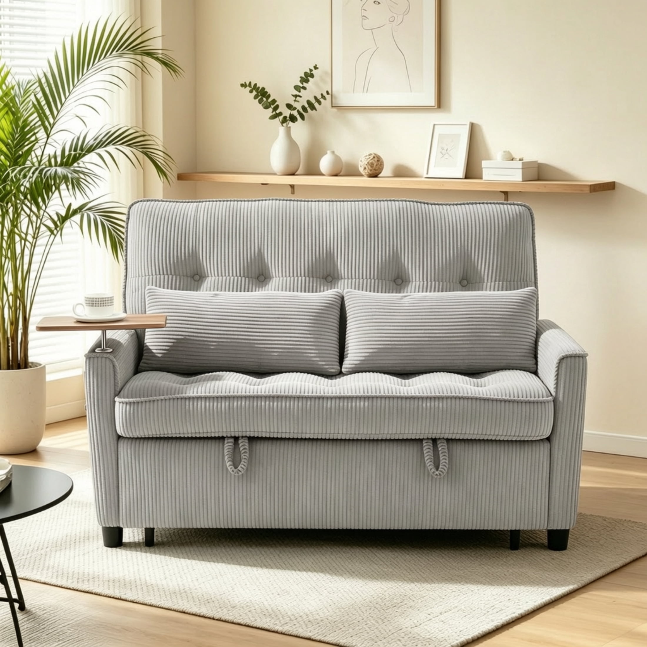 Vinform 54" Convertible Sleeper Sofa Bed, 3 in 1 Pull Out Loveseat with Arm Table and USB Port for Small Spaces, Corduroy, Gray