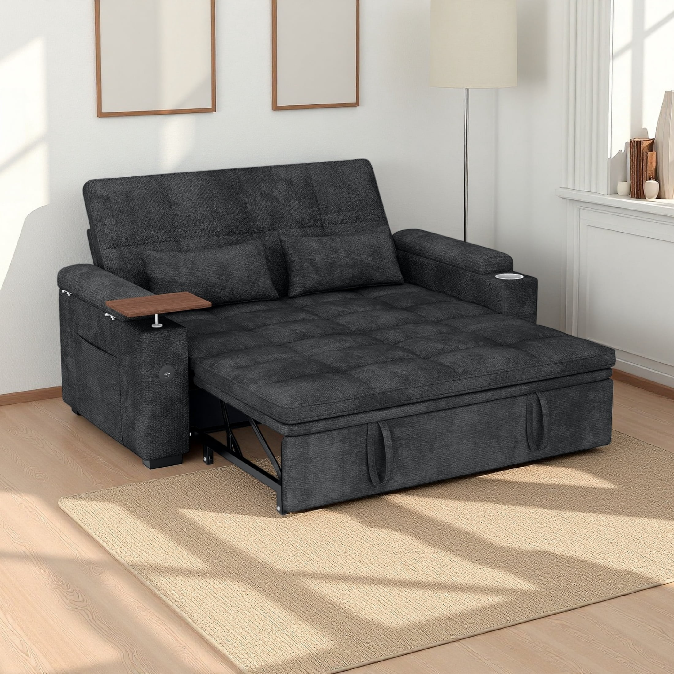 Vinform 65" Sleeper Sofa Bed, 3 in 1 Convertible Pull-Out Loveseat with Side Storage & Arm Table & Cup Holder, Black