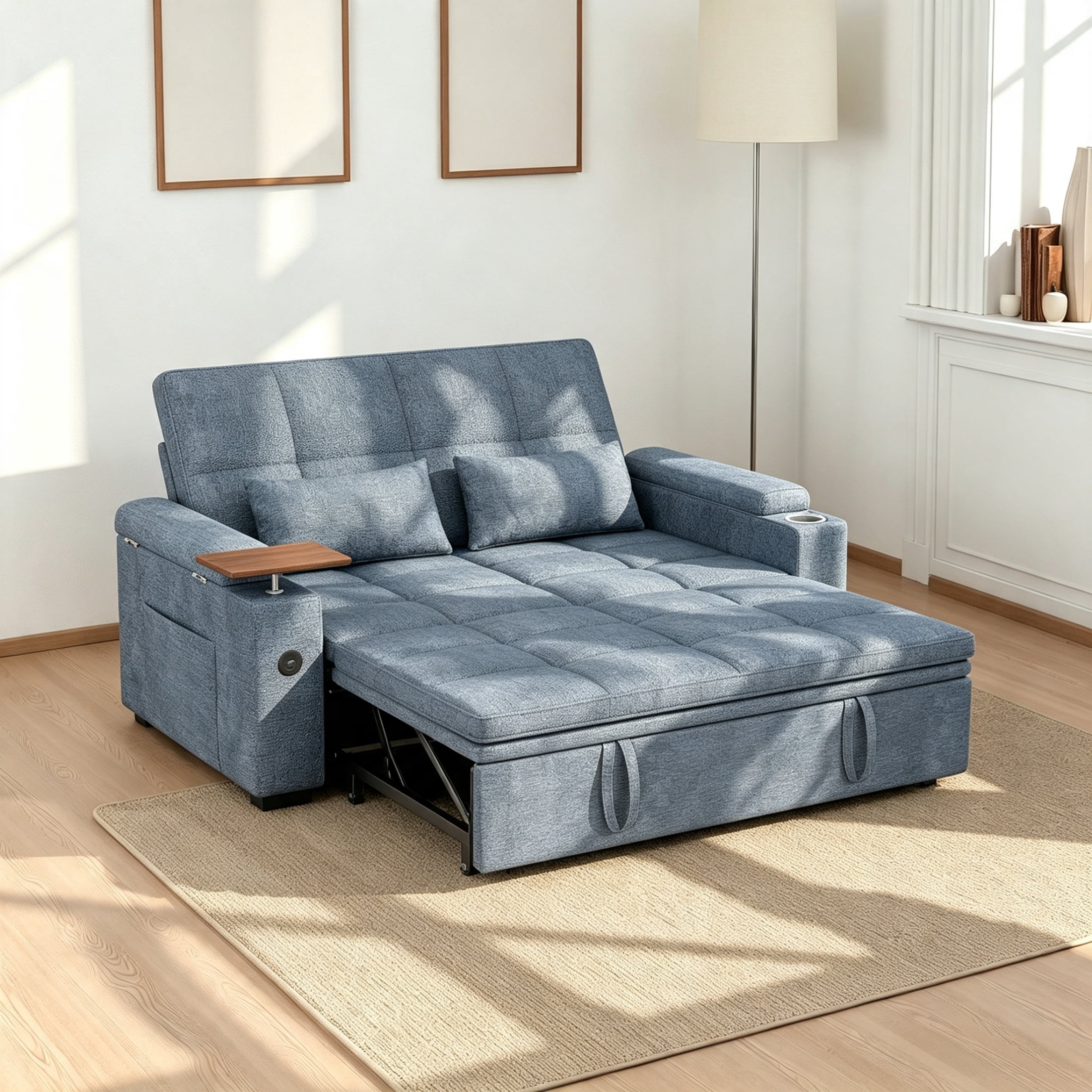 Vinform 65" Sleeper Sofa Bed, 3 in 1 Convertible Pull-Out Loveseat with Side Storage & Arm Table & Cup Holder, Blue