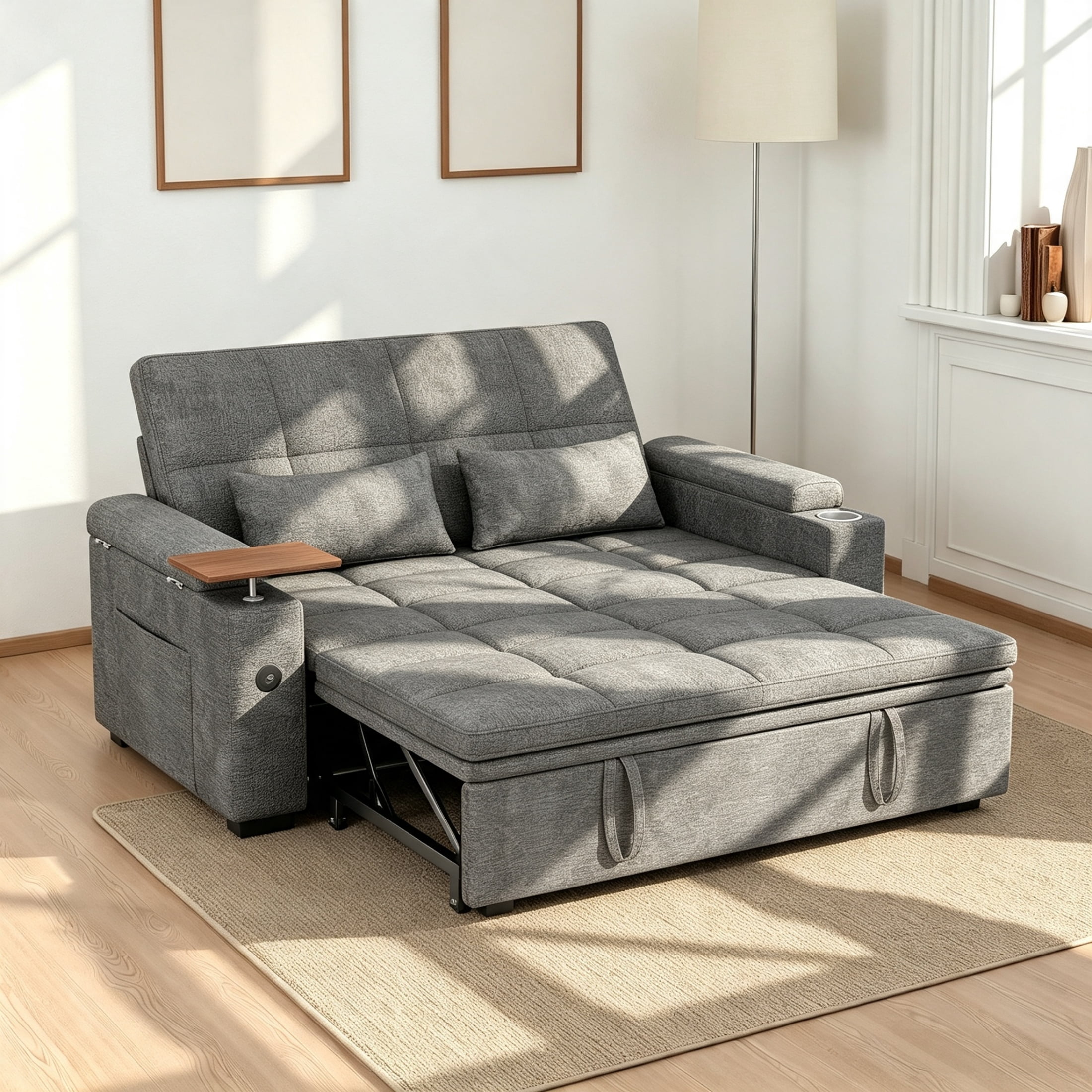 Vinform 65" Sleeper Sofa Bed, 3 in 1 Convertible Pull-Out Loveseat with Side Storage & Arm Table & Cup Holder, Dark Gray