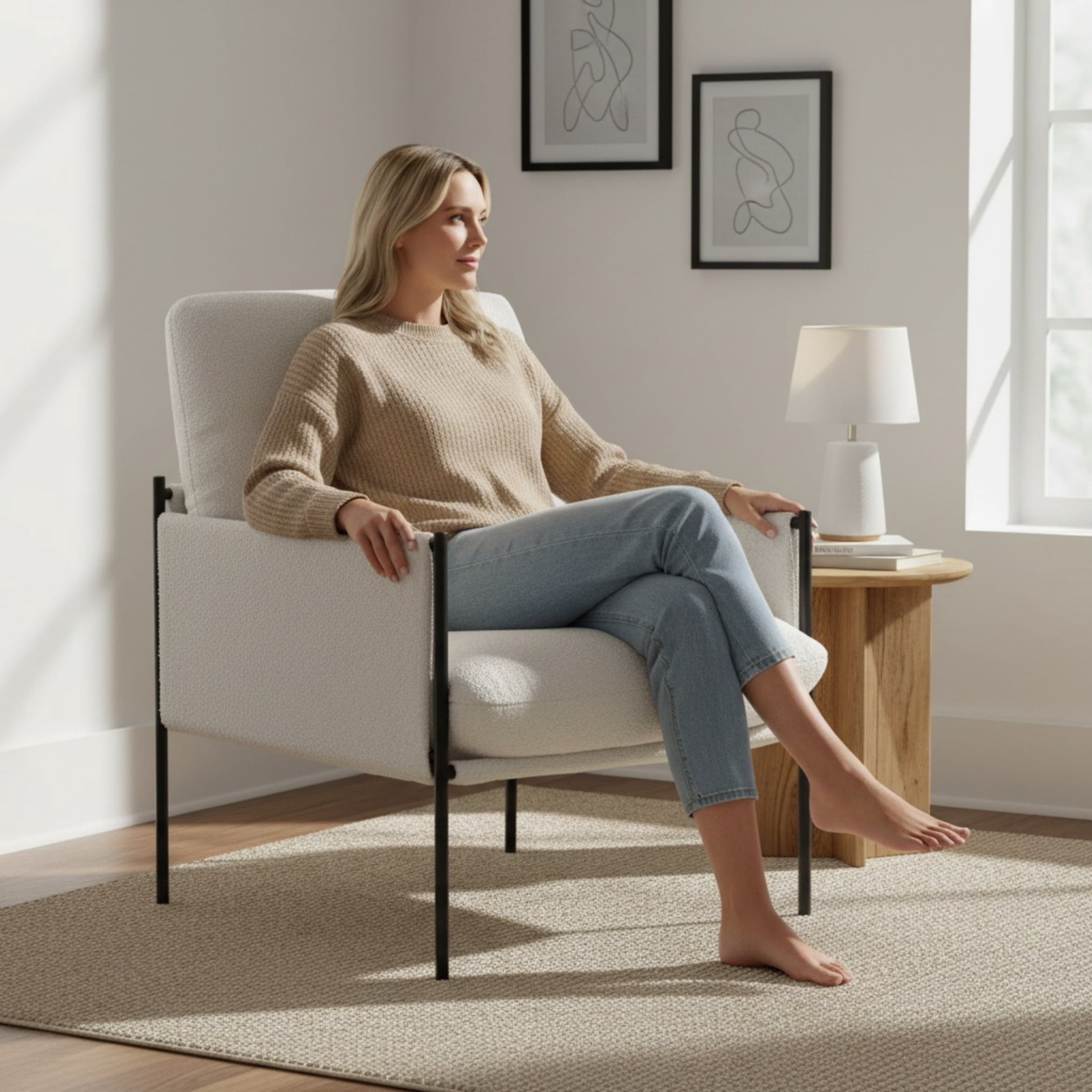 Vinform Modern Accent Chair, Arm Chair with Removable Cushion, Metal Frame for Living Room, White