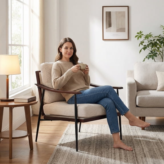 Vinform Modern Accent Chair, Arm Chair with Upholstered Thicker Cushion, Metal Frame for Living Room, Linen Fabric, Beige