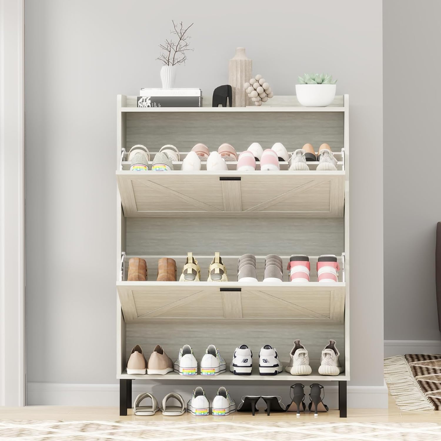 GarveeHome Shoe Storage Cabinet With 2 Flip Drawers – Narrow Freestanding Organizer For Entryway, Hallway, White