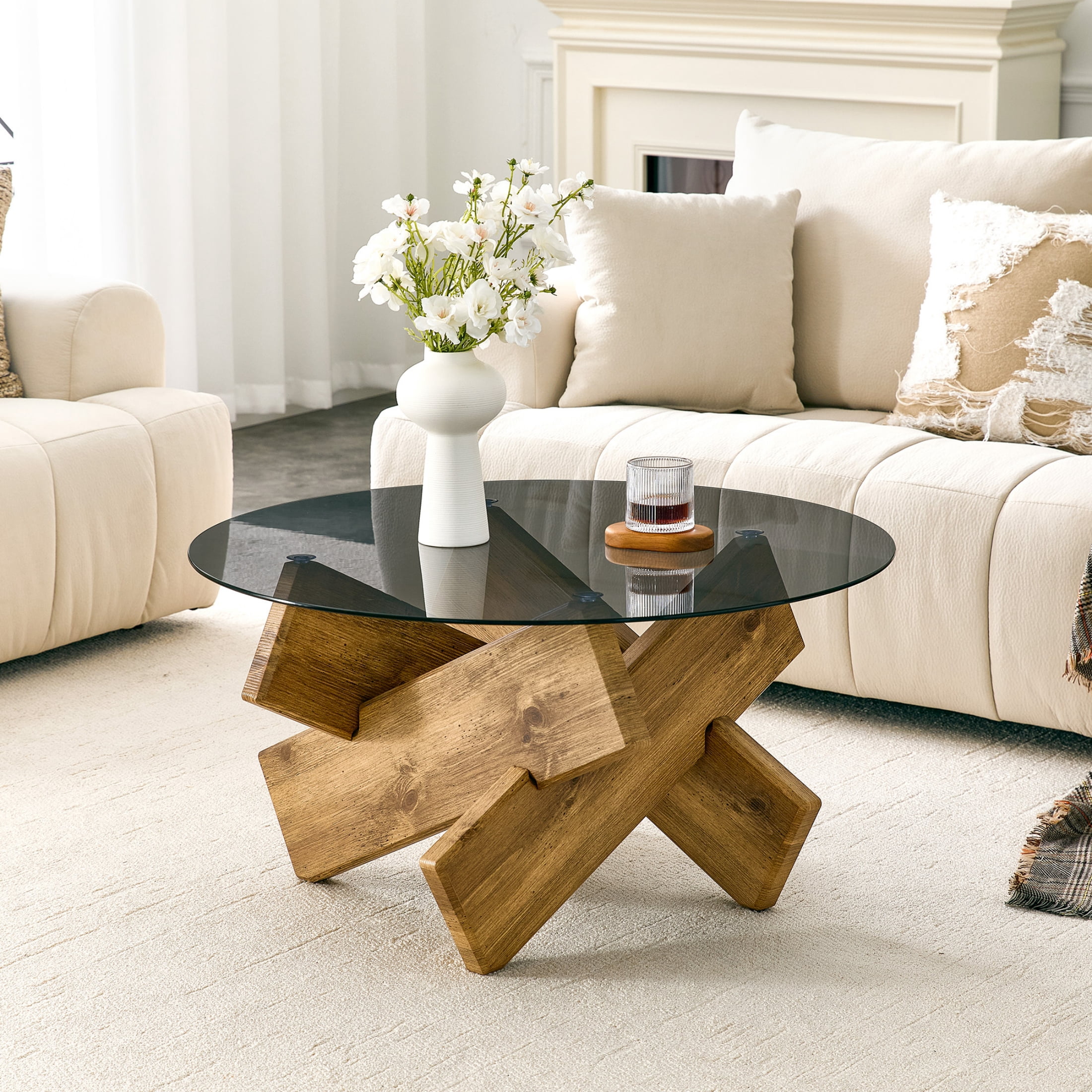 Vinform Round Coffee Table for Living Room, Gray Glass, Natural Wood