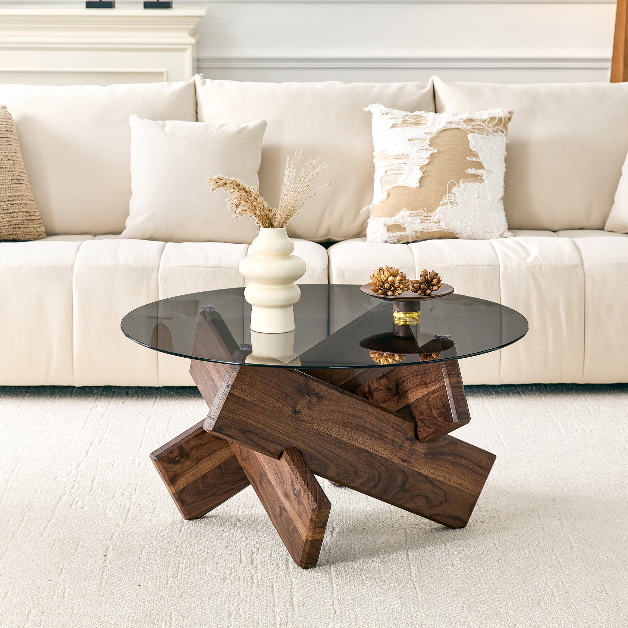 Vinform Round Coffee Table for Living Room, Gray Glass, Walnut
