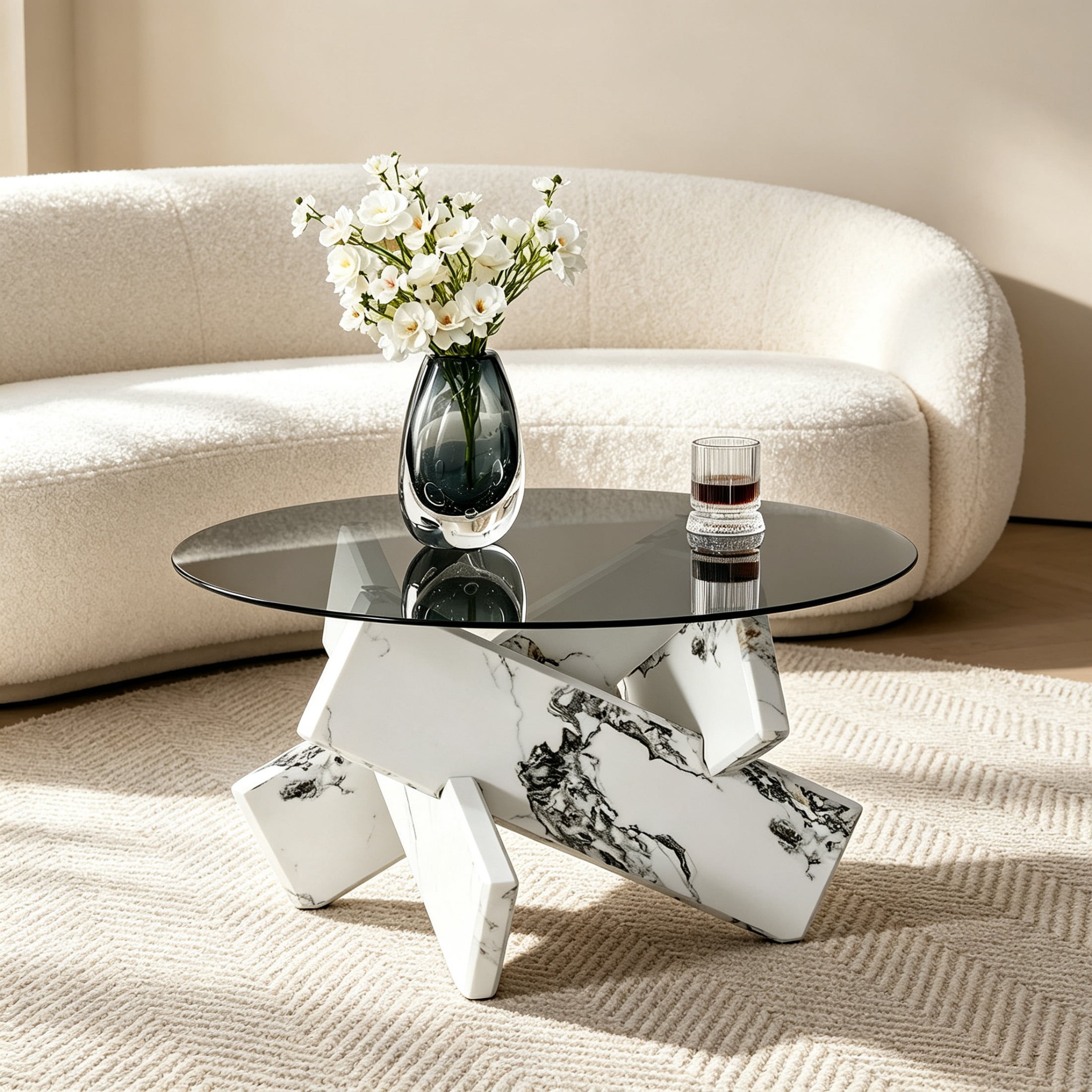 Vinform Round Coffee Table for Living Room, Gray Glass, White