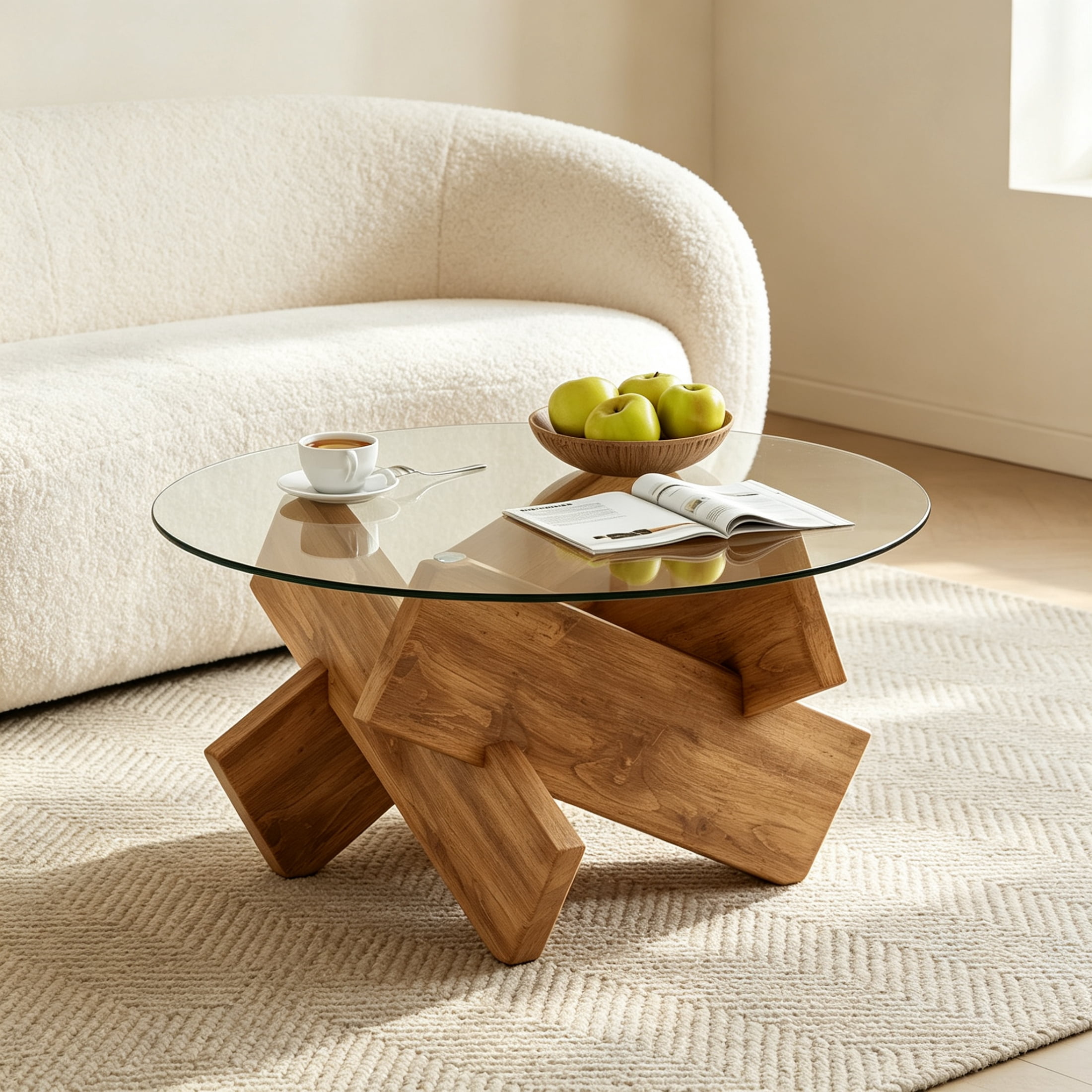 Vinform Round Coffee Table for Living Room, Transparent Glass, Natural Wood