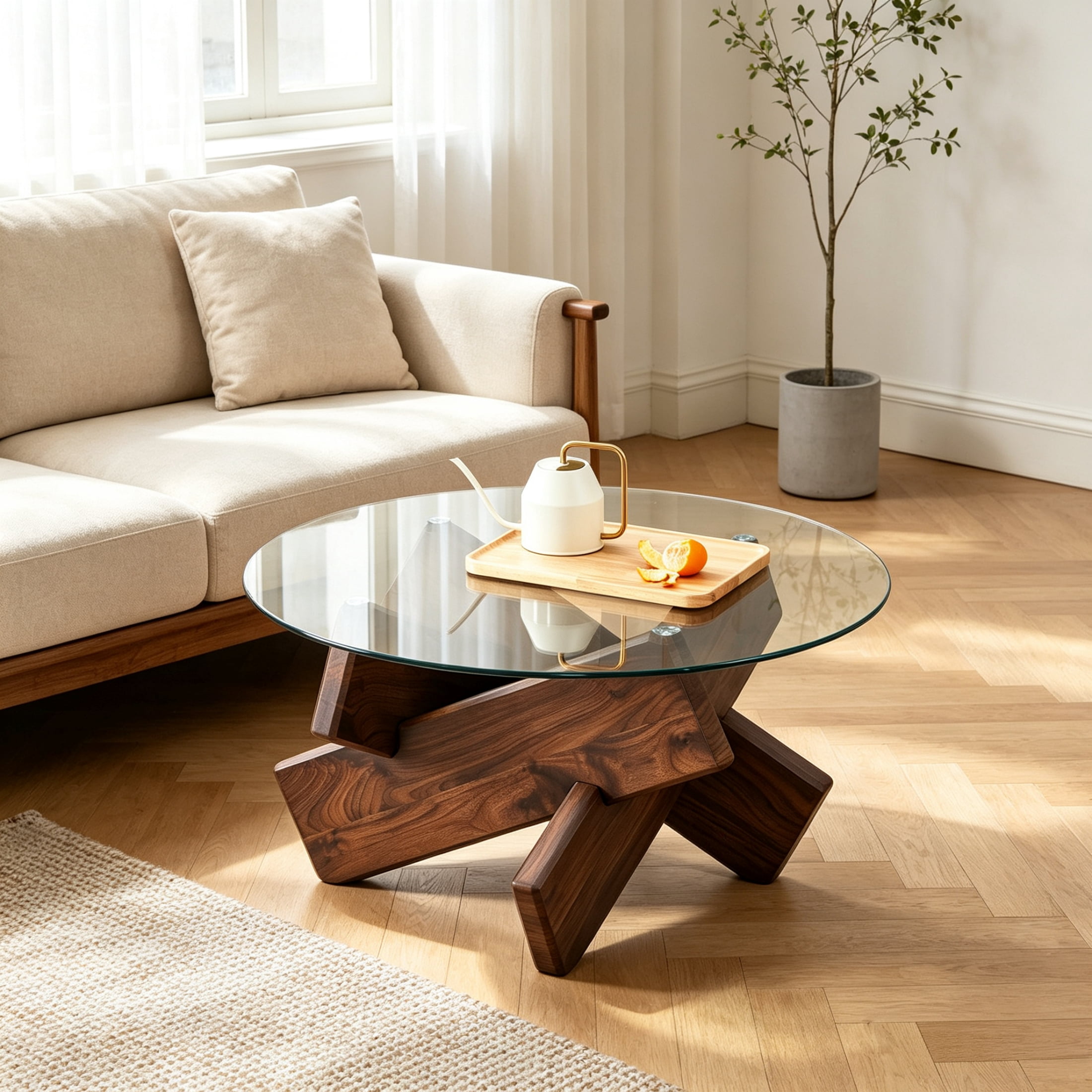 Vinform Round Coffee Table for Living Room, Transparent Glass, Walnut