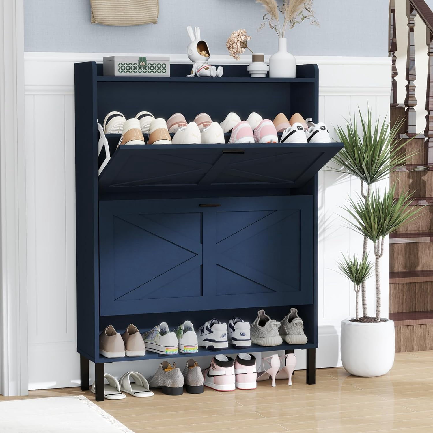Vinform Shoe Storage Cabinet with 2 Flip Drawers for Entryway, Farmhouse Wood Shoe Cabinet, Freestanding Narrow Shoe Rack Organizer with Metal Legs for Hallway Living Room (Blue)