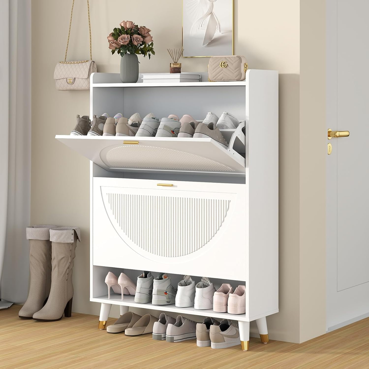 Vinform Shoes Cabinet with 2 Flip Drawers for Narrow Entryway Shoe Storage Cabinet Wood Shoe Rack Organizer for Hallway Living Room White Walmart