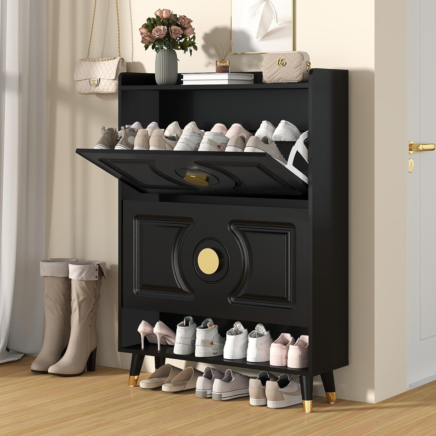 Vinform Shoe Storage Cabinet for Entryway Slim, Shoe Cabinet with 2 Flip Drawers, Ultra Thin Shoe Organizer Cabinet Wood for Hallway (Black)