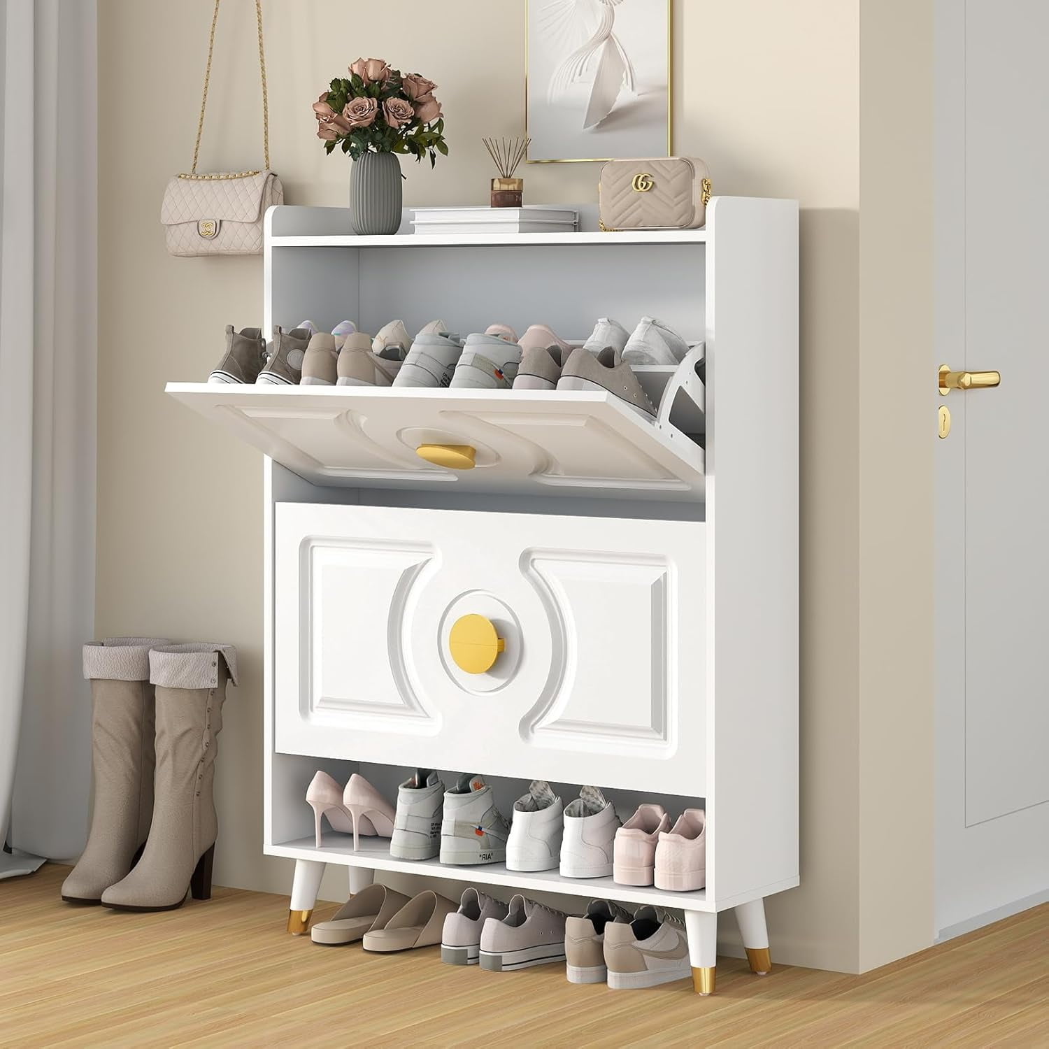 Vinform Shoe Storage Cabinet for Entryway Slim Shoe Cabinet with 2 Flip Drawers Ultra Thin Shoe Organizer Cabinet Wood for Hallway White Men s