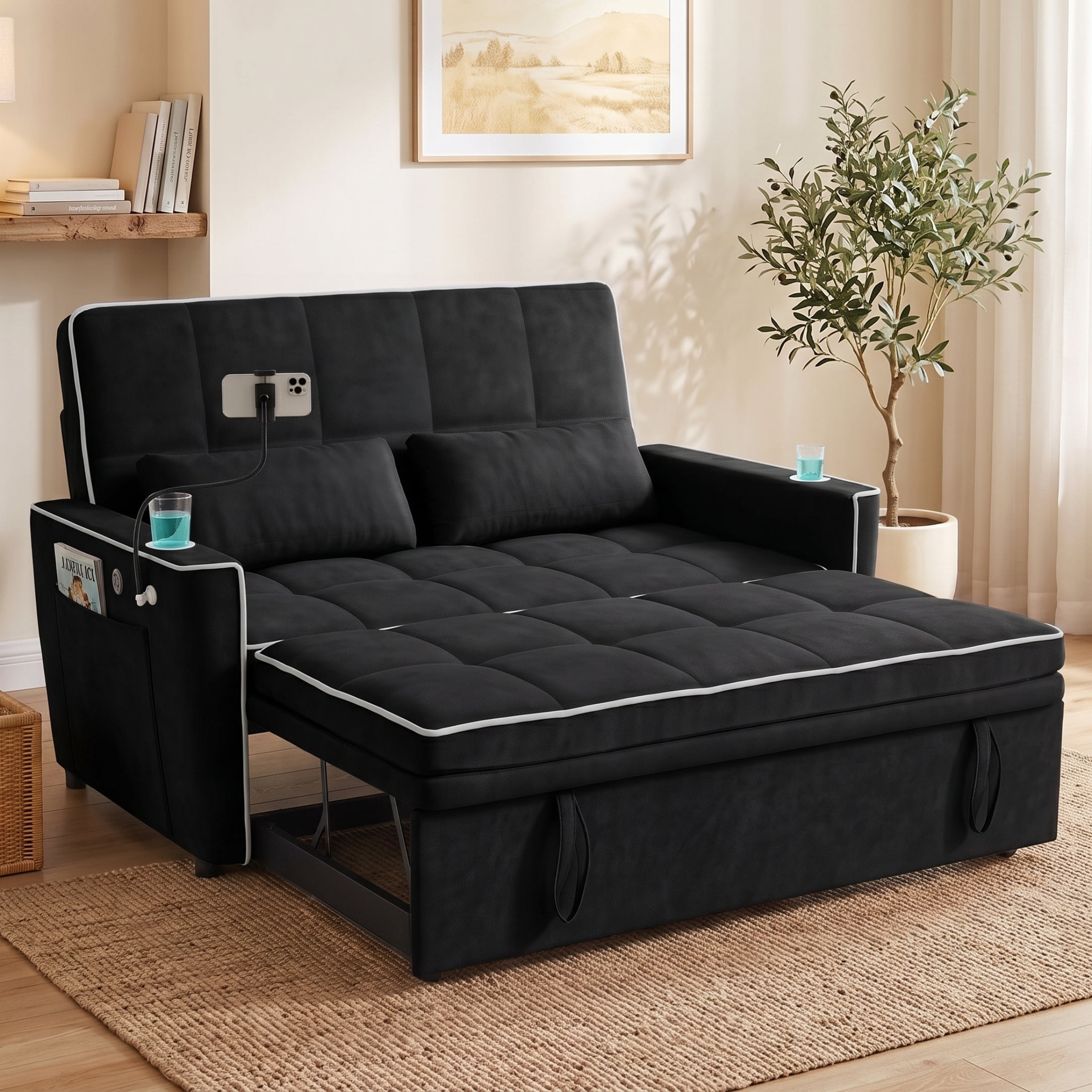 Vinform Sleeper Sofa Bed, 3 in 1 Convertible Loveseat with Phone & Cup Colder for Small Space, Black
