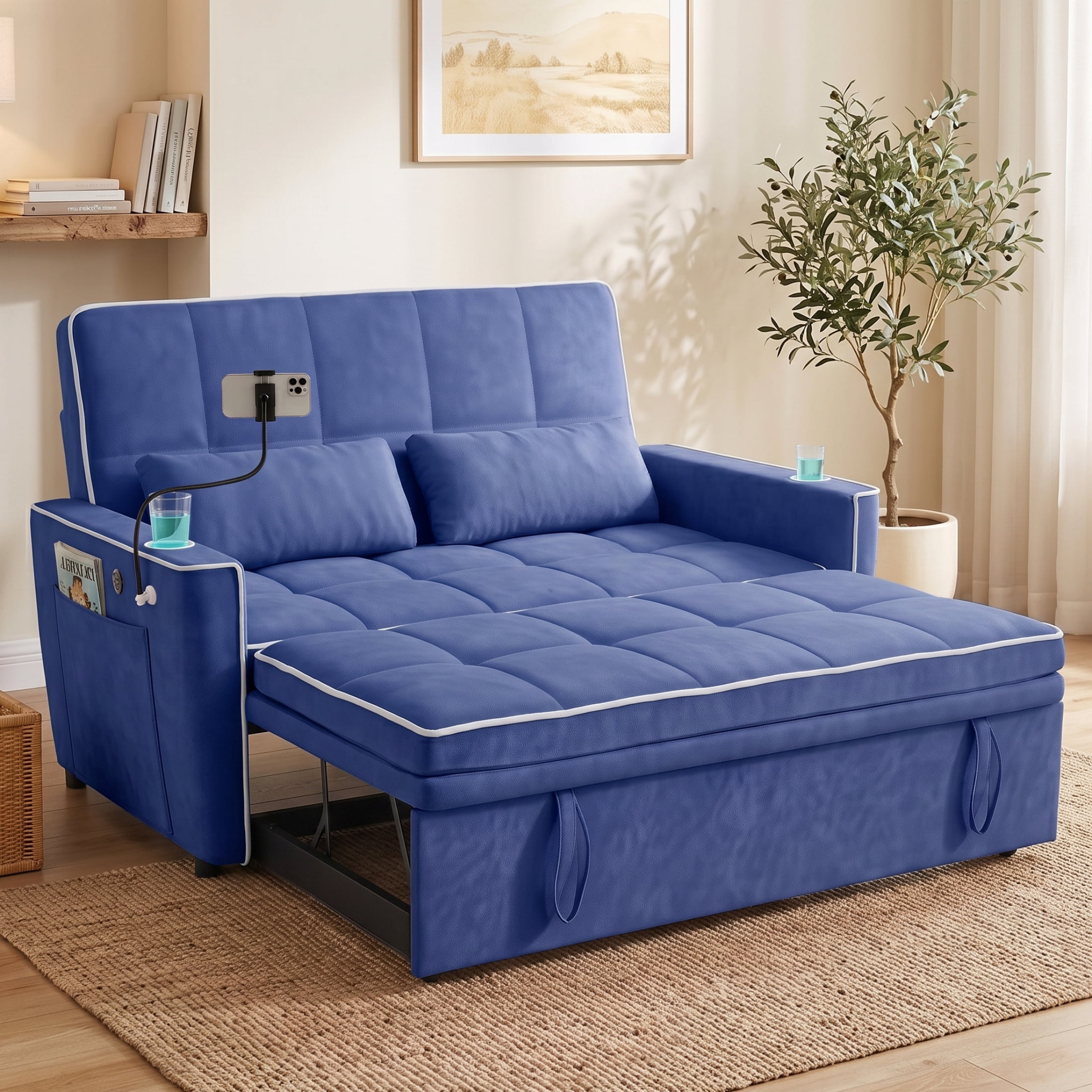 Vinform Sleeper Sofa Bed, 3 in 1 Convertible Loveseat with Phone & Cup Colder for Small Space, Blue