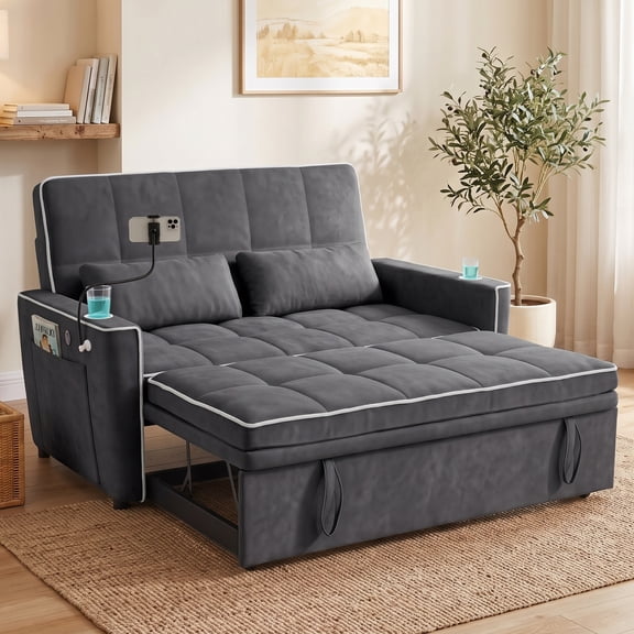 Vinform Sleeper Sofa Bed, 3 in 1 Convertible Loveseat with Phone & Cup Colder for Small Space, Dark Gray