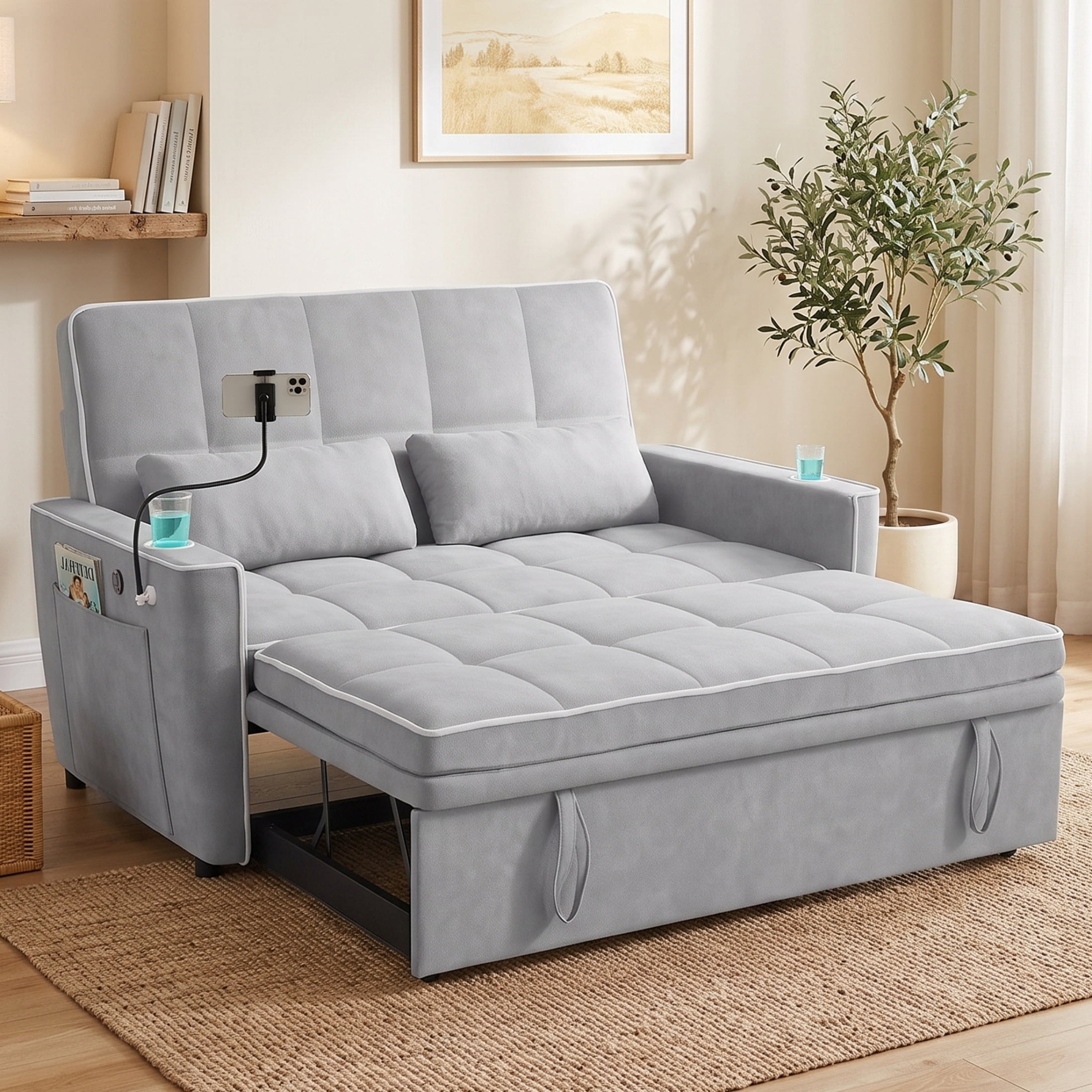 Vinform Sleeper Sofa Bed, 3 in 1 Convertible Loveseat with Phone & Cup Colder for Small Space, Gray