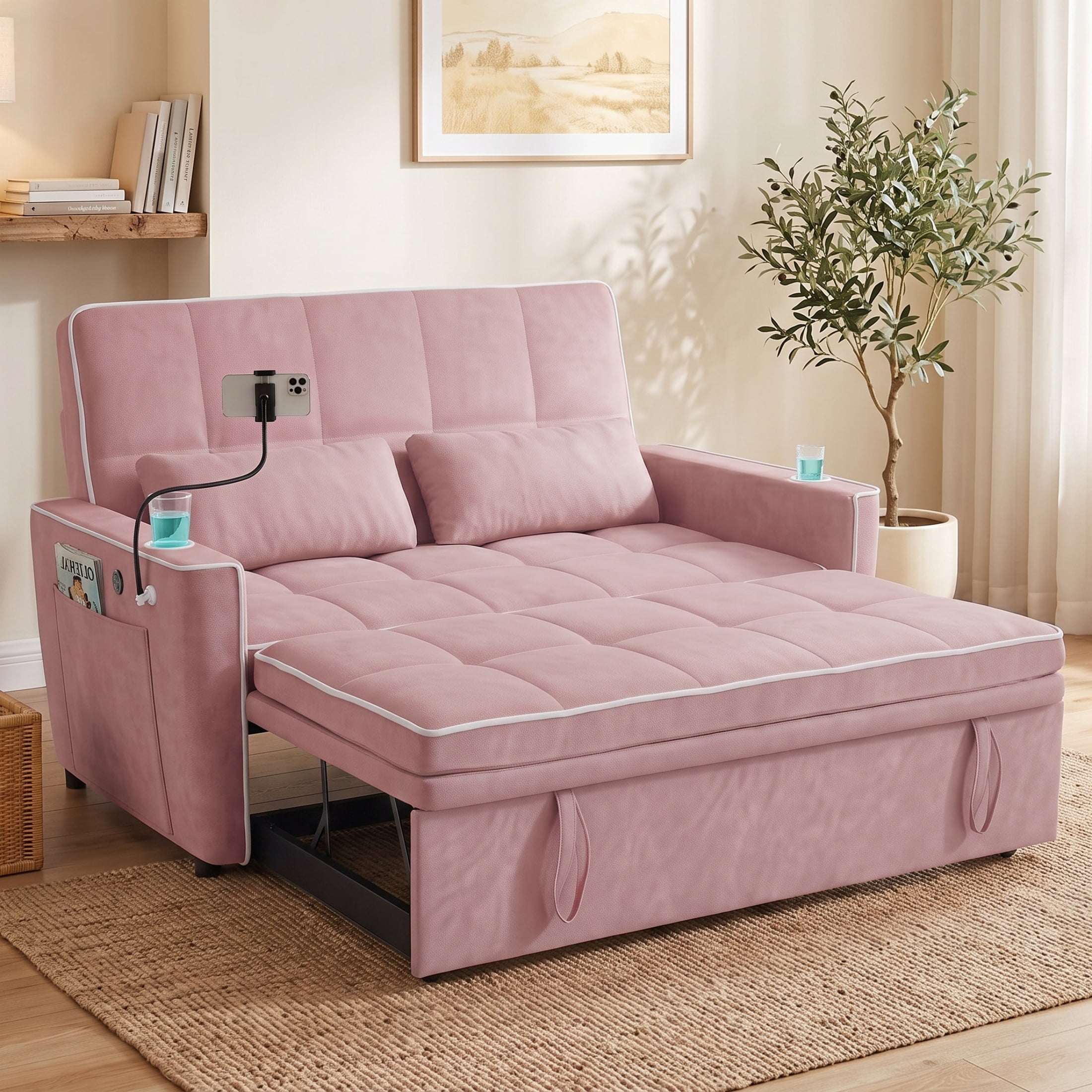 Vinform Sleeper Sofa Bed, 3 in 1 Convertible Loveseat with Phone & Cup Colder for Small Space, Pink