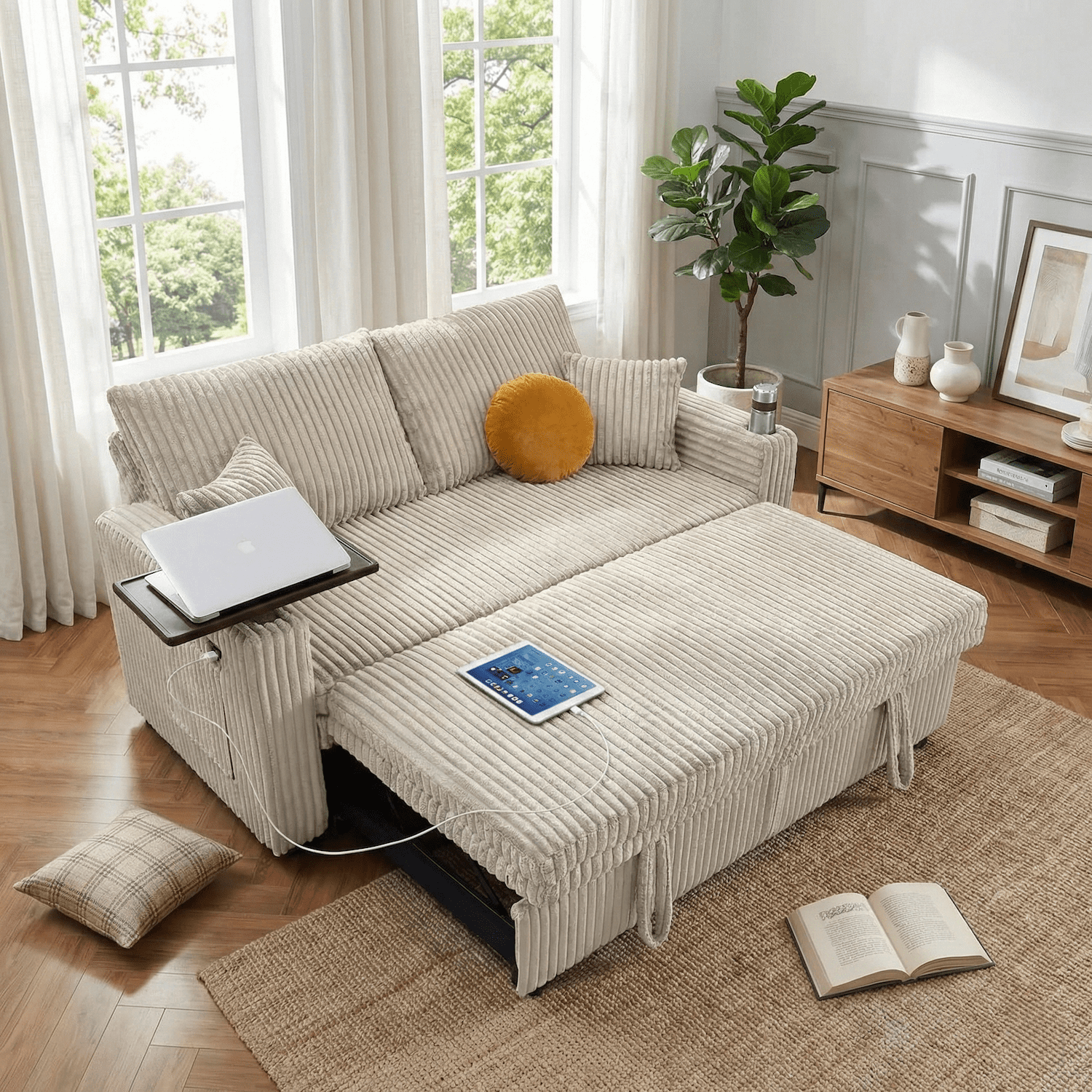 Vinform Sofa Bed with Pull Out Couch, 65" Convertible 3-in-1 Sleeper Sofa Bed for Living Room Small Space, Corduroy (Light Gray)