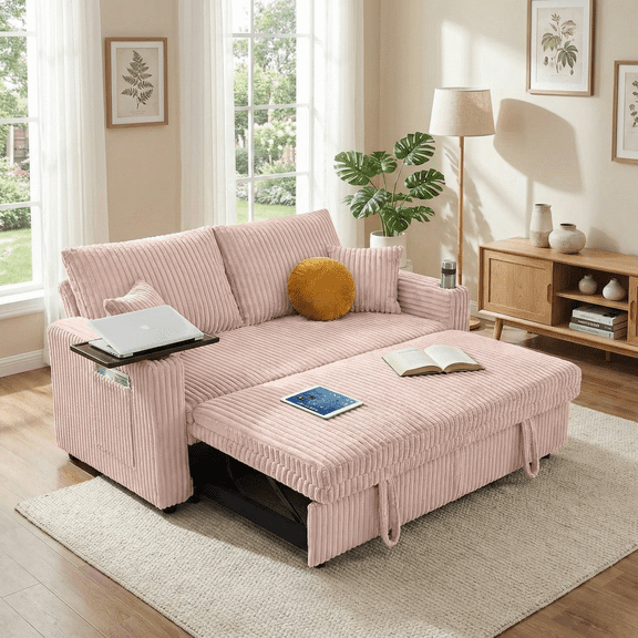 Vinform Sofa Bed with Pull Out Couch, 65" Convertible 3-in-1 Sleeper Sofa Bed for Living Room Small Space, Corduroy (Pink)