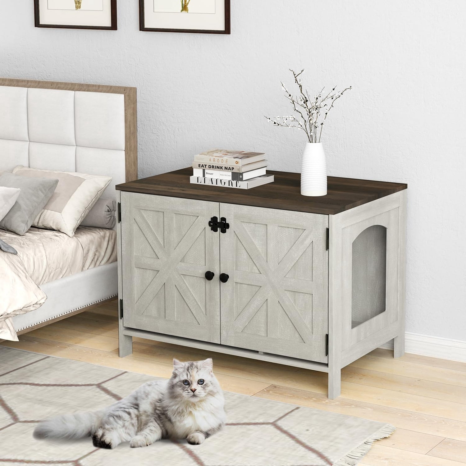 Large Cat Litter Box Enclosure With Shelf Storage, Hidden Cat Washroom Furniture, Wooden Cat House Scratch Pad Sturdy Indoor Cat Cabinet 2 Doors