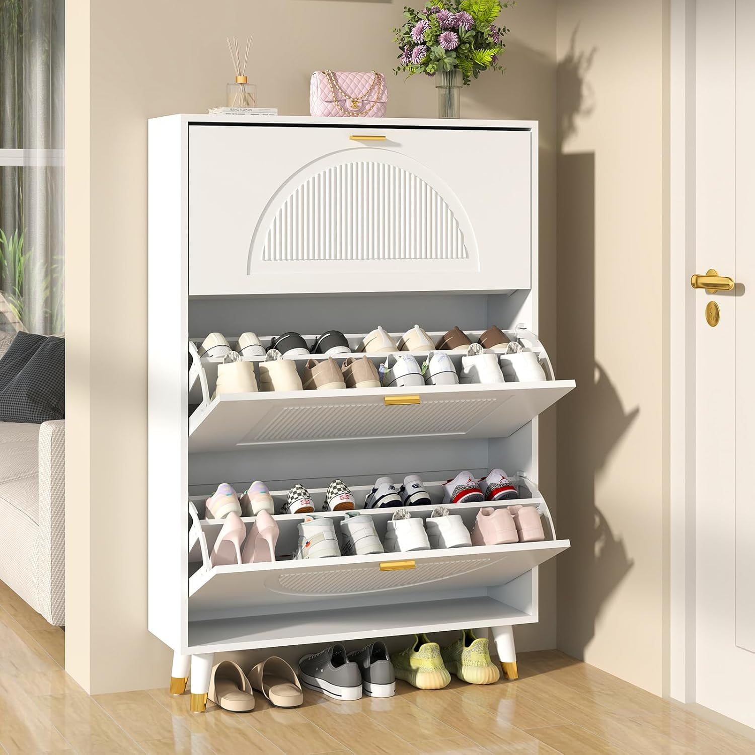 Vinform White Shoe Storage Cabinet for Entryway, Hidden Slim Wooden Shoe Organizer Cabinet with 3 Flip Drawers, Shoe Rack Cabinet for Hallway Living Room