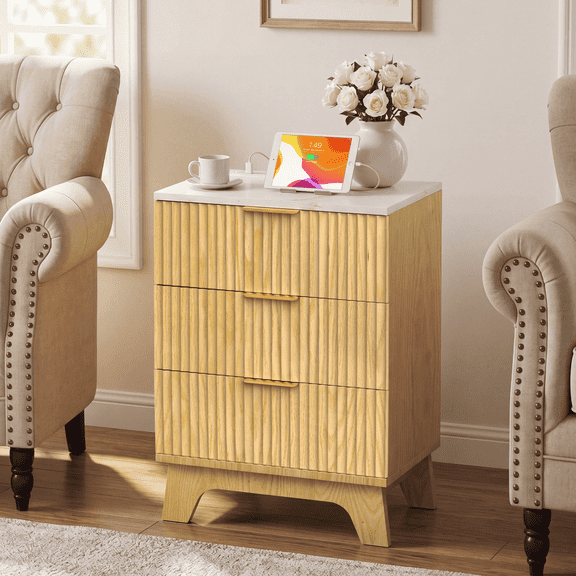 Vingud 23” Elegant Nightstand with Charging Station,Modern Bedside Table with 3 Drawers,Wood End Table Small Dresser for Bedroom Living Room,Oak Color Night Stand