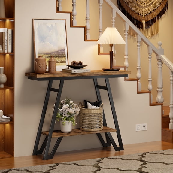 Vingud 40.5" Narrow Industrial Console Table, 2-Tier Metal Frame Entryway Table for Small Spaces, Living Room or Entryway, Brown