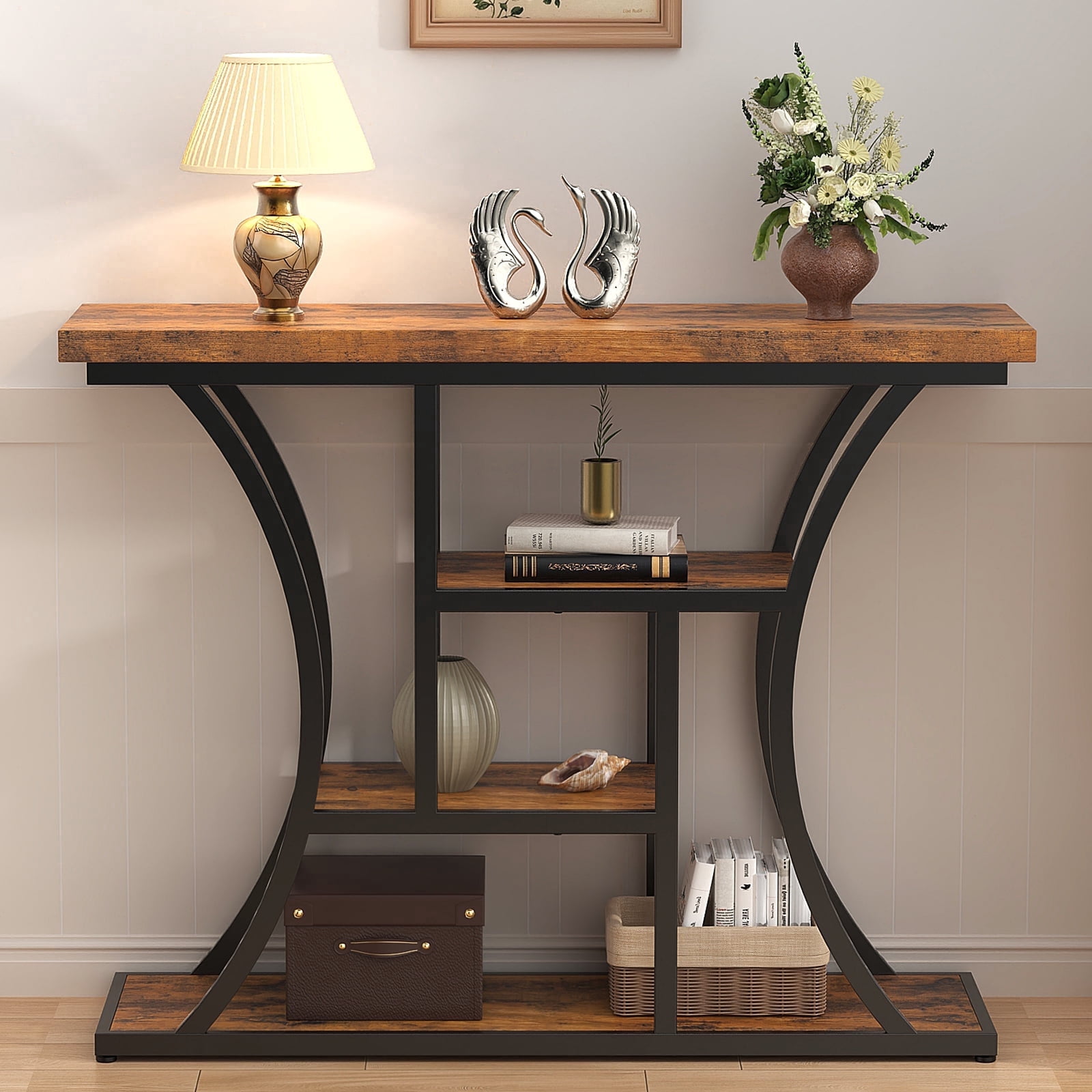 Vingud Console Table with Curved Frames and 3 Open Shelves, Entryway Table for Hallway Entrance Living Room, Rustic Brown + Black 41 inches