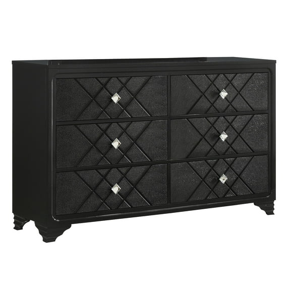 Vini 63 Inch Modern Glam Dresser, 6 Drawers, Diamond Shape Handles, Black