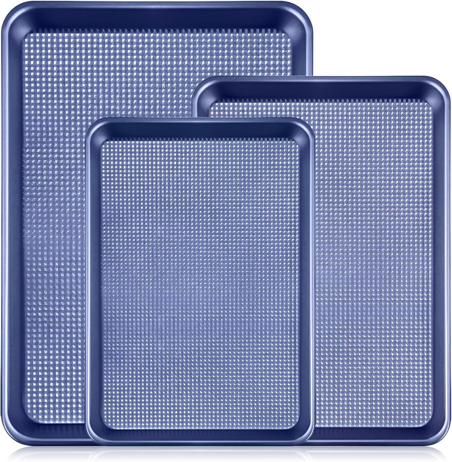 Vinino Baking Sheet Set of 3, Cookie Sheets For with Square Texture Pattern, Thicker Carbon Steel Non-stick Pan Half/Quarter/Jelly Roll Pans Tray for Oven-Blue