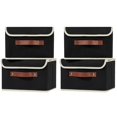thumbnail image 1 of VinneGenzz 4PCS Storage Boxes with Lid Cotton Linen Storage Bins Organizer Container Decorative Collapsible Washable Shelf Closet Baskets Faux Leather Handles Home Bedroom (Black, Small Size) C104, 1 of 3