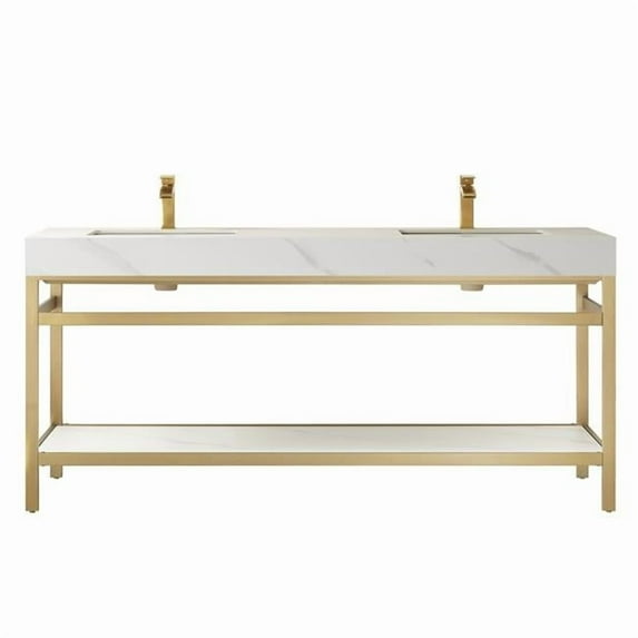 Vinnova 72 in. Funes Double Sink Bathroom Vanity, Brushed Gold Metal Support with White Sintered Stone Top
