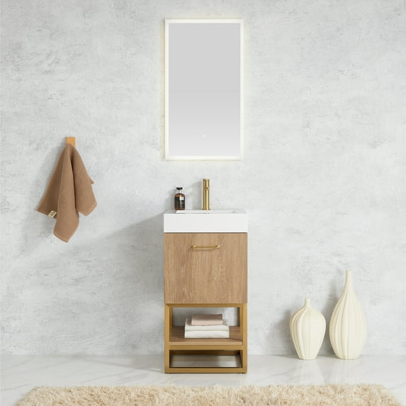 Vinnova Alistair 18" White Stone Top Single Vanity in Oak with Mirror