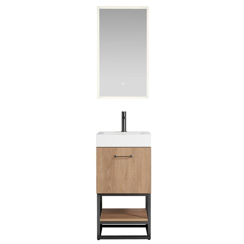 Alistair 18" White Stone Top Oak Single Vanity with Black Frame and Mirror