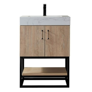 Vinnova Alistair 24" White Stone Top Oak Single Vanity Black Frame w/o Mirror