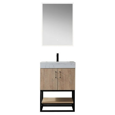 Vinnova Alistair 24" White Stone Top Oak Single Vanity Black Frame with Mirror
