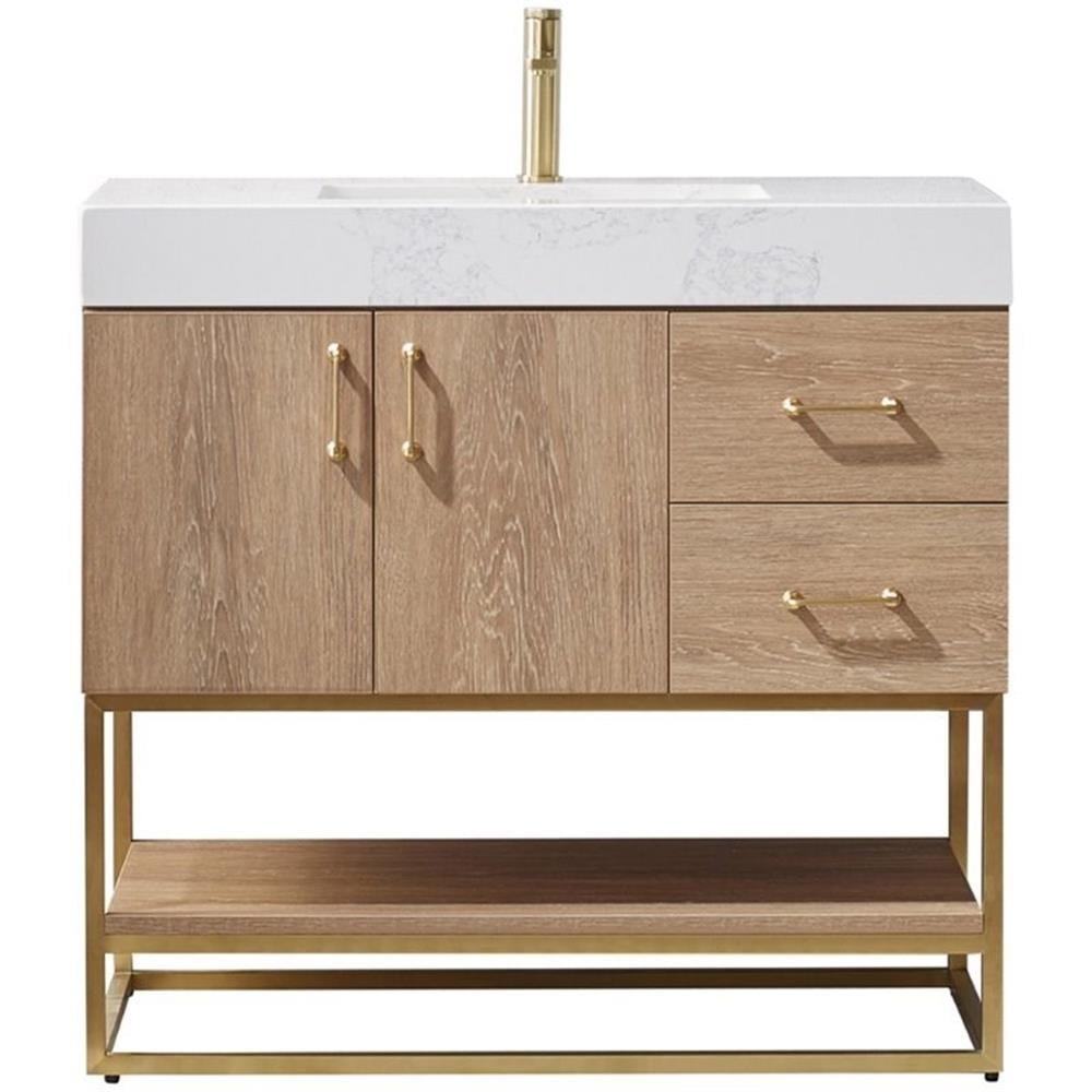 Alistair 36" Oak Vanity with White Stone Top and Brushed Gold Trim