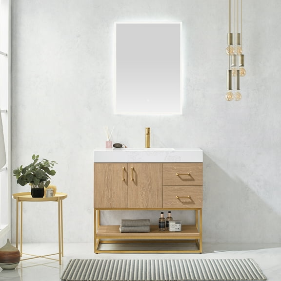 Vinnova Alistair 36" White Grain Stone Top Single Vanity with Mirror in Oak