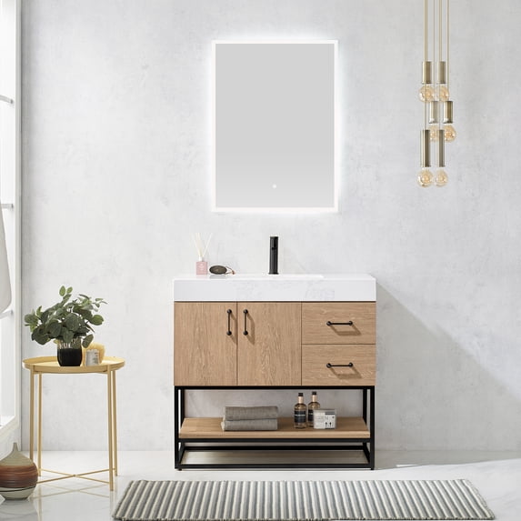 Vinnova Alistair 36" White Stone Top Oak Single Vanity Black Frame w/o Mirror