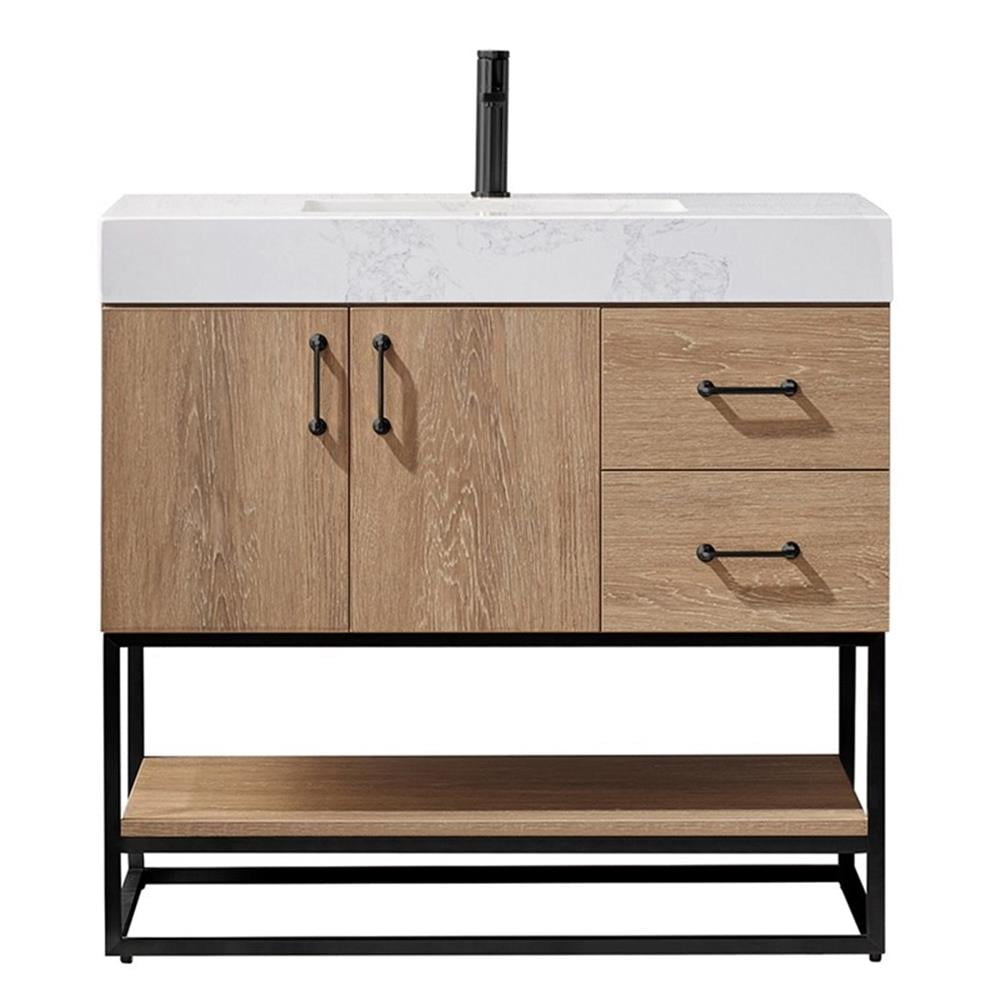 Alistair 36" Oak Single Vanity with White Stone Top and Matte Black Frame