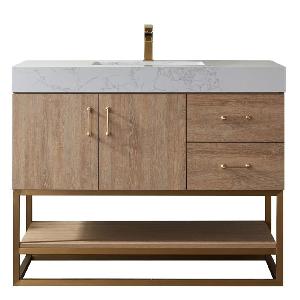 42" Oak Vanity with White Stone Top and Brushed Gold Trim