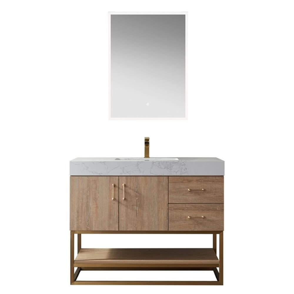 42 Inch North American Oak Vanity with White Stone Countertop and Mirror